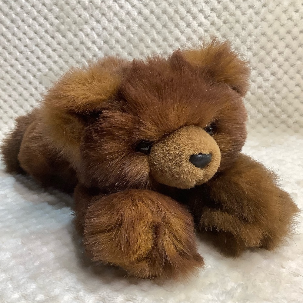 MJC International Vintage Plush Fluffy Brown Laying Down Bear Stuffed Animal Toy